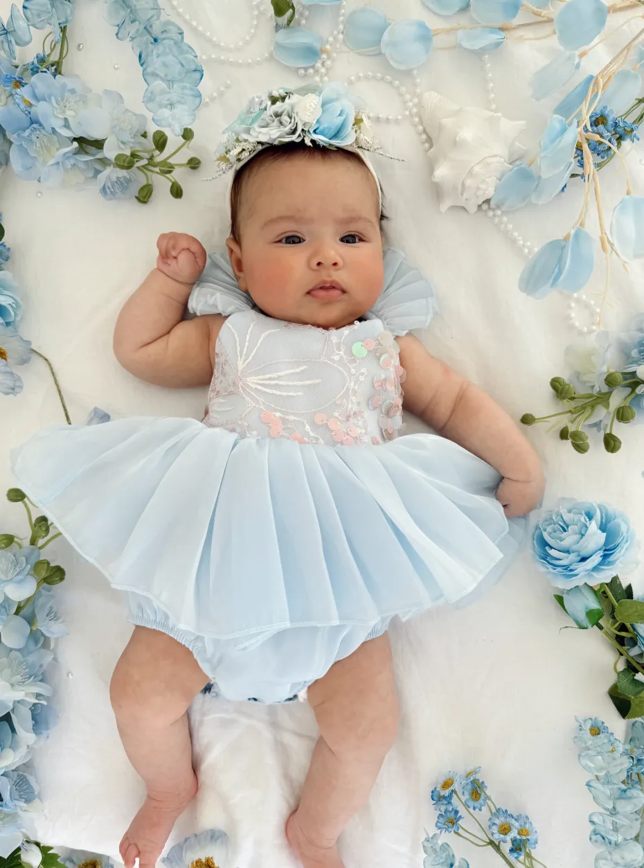 Ariel Ocean Blue Sequin Baby Girl Romper