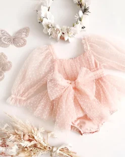 Swiss Dot Bloom Pink Rose Baby Girl Romper Romper