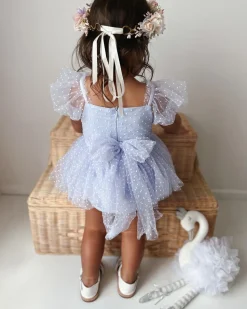 Swiss Dot Periwinkle Flower Fairy Baby Girl Romper