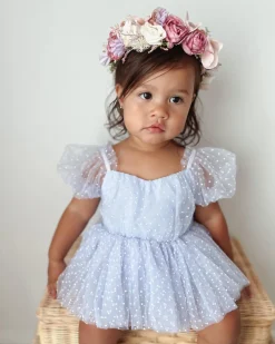 Swiss Dot Periwinkle Flower Fairy Baby Girl Romper