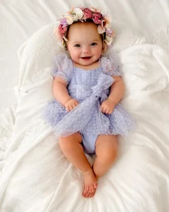 Swiss Dot Periwinkle Flower Fairy Baby Girl Romper