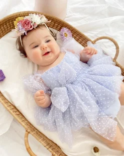 Swiss Dot Periwinkle Flower Fairy Baby Girl Romper