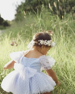 Swiss Dot Periwinkle Flower Fairy Baby Girl Romper