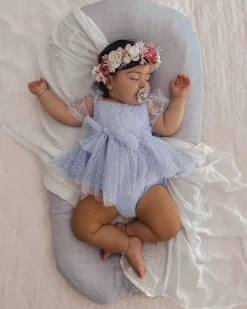 Swiss Dot Periwinkle Flower Fairy Baby Girl Romper