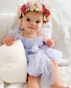 Swiss Dot Periwinkle Flower Fairy Baby Girl Romper
