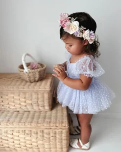 Swiss Dot Periwinkle Flower Fairy Baby Girl Romper