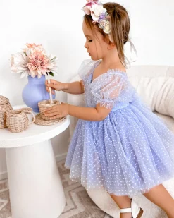 Swiss Dot Periwinkle Gardenia Girls Party Dress