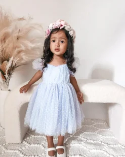 Swiss Dot Periwinkle Gardenia Girls Party Dress