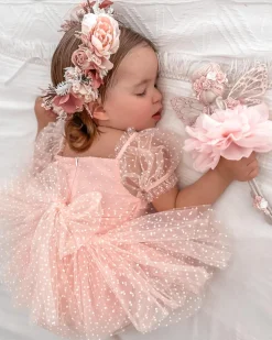Swiss Dot Pink Rose Flower Fairy Baby Girl Romper