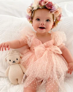 Swiss Dot Pink Rose Flower Fairy Baby Girl Romper
