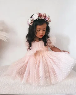 Swiss Dot Pink Rose Gardenia Flower Girl Dress