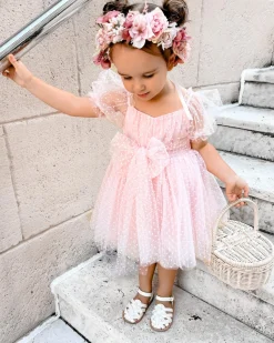 Swiss Dot Pink Rose Gardenia Flower Girl Dress