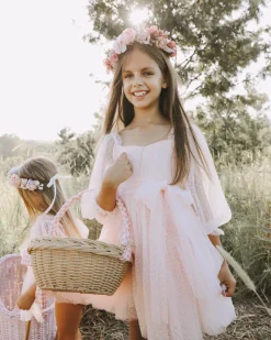 Swiss Dot Rosebud Pink Rose Flower Girl Dress