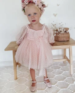 Swiss Dot Rosebud Pink Rose Flower Girl Dress
