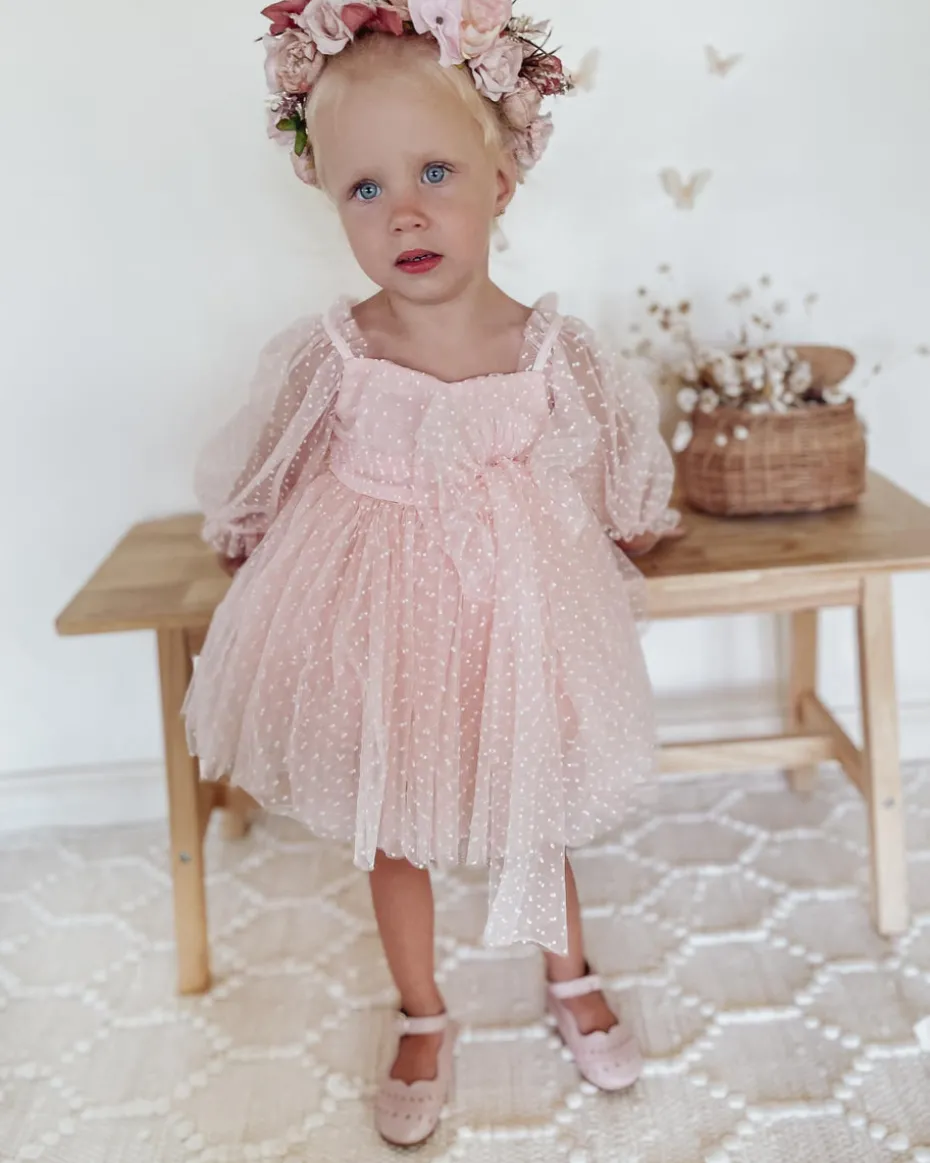 Swiss Dot Rosebud Pink Rose Flower Girl Dress