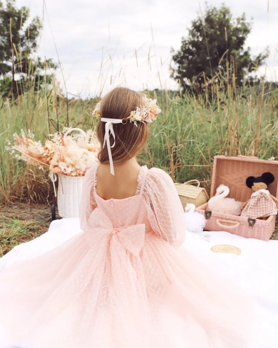 Swiss Dot Rosebud Pink Rose Flower Girl Dress