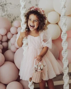 Swiss Dot Rosebud Pink Rose Flower Girl Dress