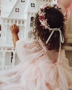 Swiss Dot Rosebud Pink Rose Flower Girl Dress