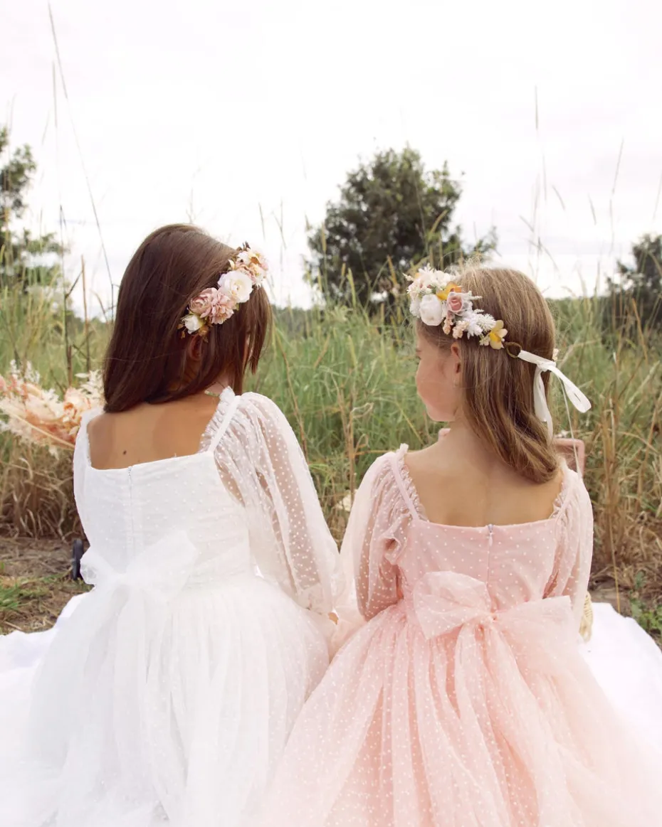 Swiss Dot Rosebud Pink Rose Flower Girl Dress