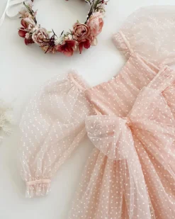 Swiss Dot Rosebud Pink Rose Flower Girl Dress