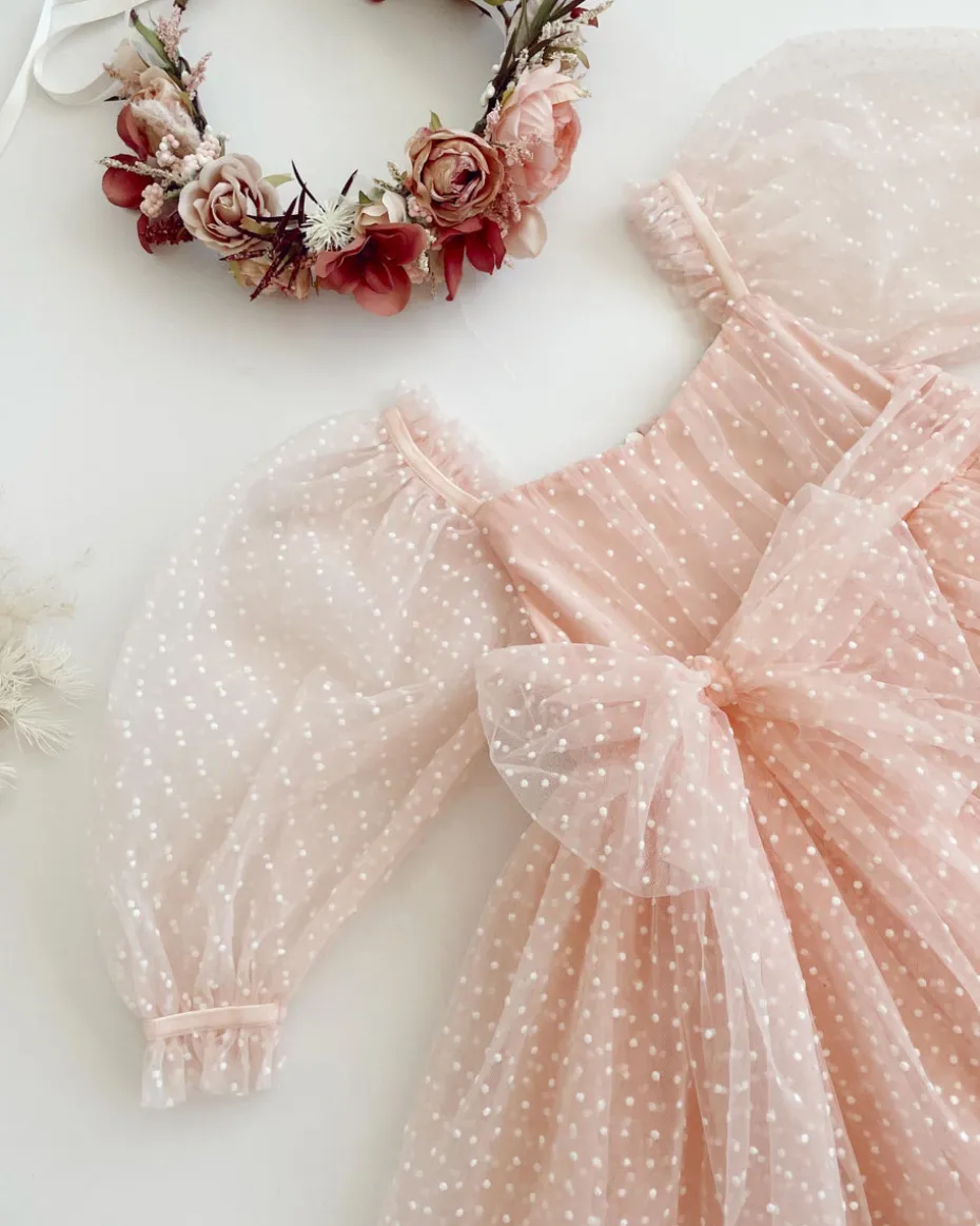 Swiss Dot Rosebud Pink Rose Flower Girl Dress
