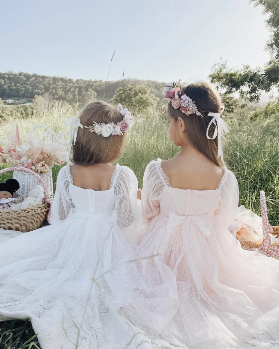 Swiss Dot Rosebud Pink Rose Flower Girl Dress