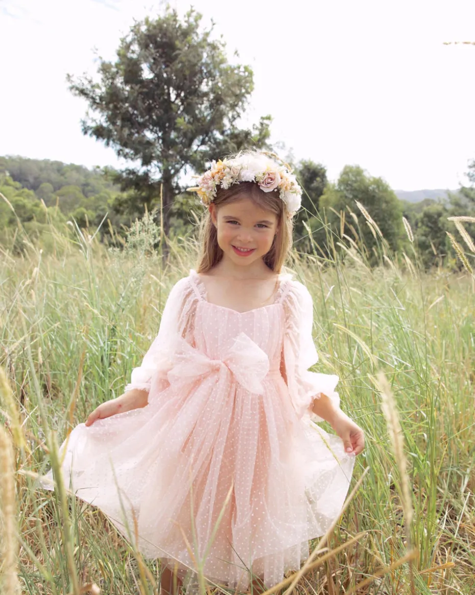 Swiss Dot Rosebud Pink Rose Flower Girl Dress