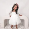 Swiss Dot Rosebud White Flower Girl Dress