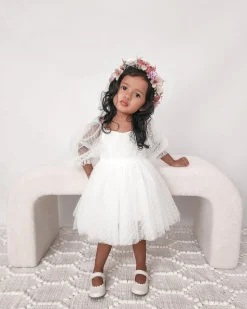 Swiss Dot Rosebud White Flower Girl Dress